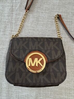 Michael Kors Dark Brown MK Logo Crossbody with Gold Hardware